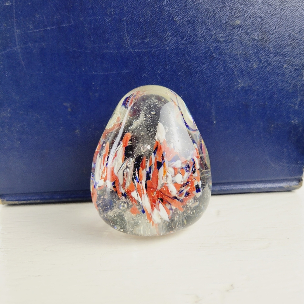 Vintage Hand-Blown Art Glass Egg Paperweight Red, White, & Blue Spatter Confetti